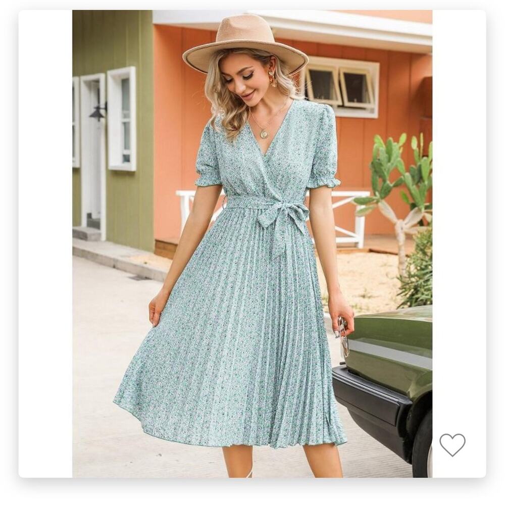 Women's Wrap V Neck Floral Pleated Midi Dress with Belt- Small